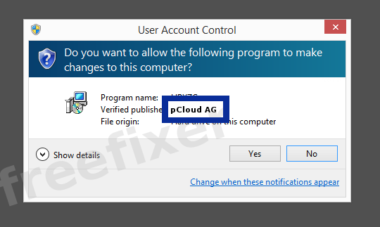 Screenshot where pCloud AG appears as the verified publisher in the UAC dialog